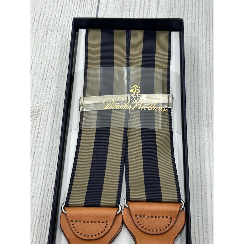 NEW‎ Brooks Brothers Suspenders Braces Navy Tan Stripe Nylon Leather Adjustable - Picture 3 of 6